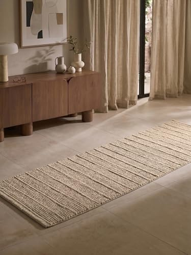 Ted Baker Wollteppich Parker - Natürlicher Wohnzimmerteppich, 100% Wolle, Handgewebt & Zeitlos, Naturfaser Läufer Gestreift Skandi für Wohnzimmer, Schlafzimmer, Esszimmer – Beige, 80x250 cm