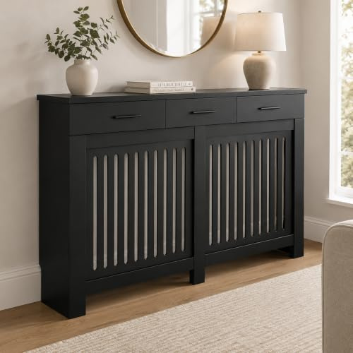 Jack Stonehouse Vertical Slat Black Radiator Cover with Storage Drawers | Sturdy Stylish Modern MDF Wooden Rad Heater Grille Cabinet | Line Covering Slats Ventilation Guard (Large Vertical)