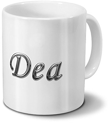 printplanet Tasse mit Namen DEA - Motiv Chrom-Schriftzug - Namenstasse, Kaffeebecher, Mug, Becher, Kaffeetasse - Farbe Weiß