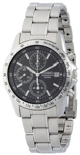 Seiko SND367P1 Unisex-Armbanduhr, Quarz, Chronograph, schwarzes Zifferblatt, graues Stahlarmband