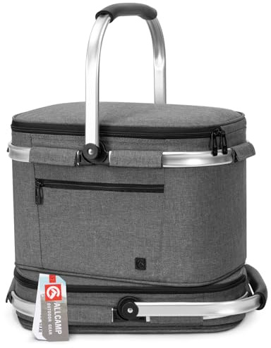 ALLCAMP Insulated Cooler Bag Portable Collapsible Picnic Basket Cooler Bag Collapsible, Leakproof, Lightweightwith Sewn in Frame (Medium Gray)