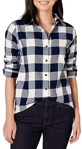 Amazon Essentials Chemise en Flanelle à Carreaux Légère, Manches Longues, Coupe Classique Femme, Bleu Marine Carreaux Lainés, XL