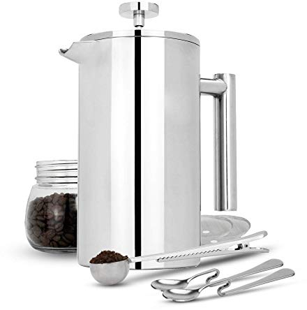 French Press Cafetiere 1000ml 8 Cup | Stainless Steel Coffee Press Maker | Filters Measuring Spoons Bag Clip | Double Walled Insulation | 7pc Cafetière Gift Set | M&W