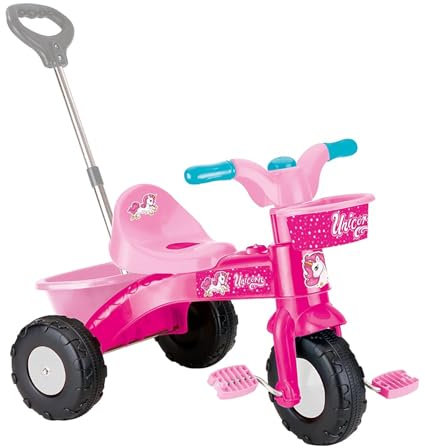 DOLU Unicorn Themed Kids My First Ride On Trike Pink - Pedal Operated Trike with Baskets for Toys - Includes Parent Handle, Ideal for Children Ages 24 Months and Up
