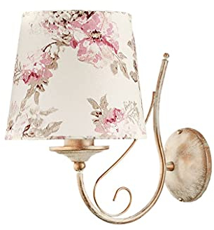 Licht-Erlebnisse Wandlampe Textil Schirm in Shabby Gold Weiß romantisches Blumen Motiv Wandleuchte Schlafzimmer Lampe