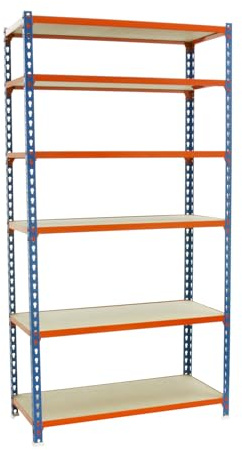 Simonrack Schwerlastregal, Lagerregal, 250x110x50 cm, Metallregal, Kellerregal, Biegestelle 200 kg, 6 Holzfachböden, Blau/Orange/Holz - Maderclick