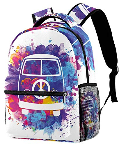 LORVIES Hippie Vintage Auto Aquarell Peace Zeichen Casual Rucksack Schulterrucksack Büchertasche für Schule Studenten Reisetaschen