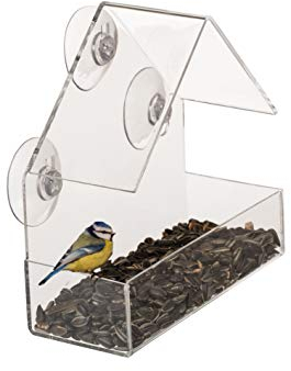 mucplants Fenster Vogelfutterhaus mit DREI saugstarken Saugnäpfen aus Acryl ca. 15 x 7,3 x 15,3 cm Vogelfutterspender Vogelfutterstation Vogelhaus