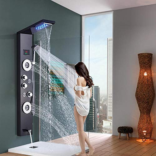 Huin Colonne de panneau de douche numérique noir LED pluie cascade douche murale côté Spa Jets salle de bain ensemble de douche-Blackend