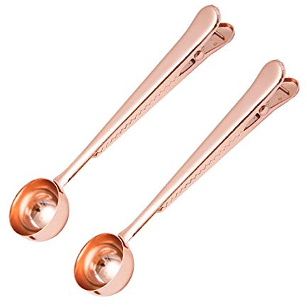 GTGR Coffee Scoop Clip 2 in 1 Long Handle Multifunction Tablespoon Stainless Steel Coffee Spoon with Sealing Bag Clip Set of 2 (Rose Gold)