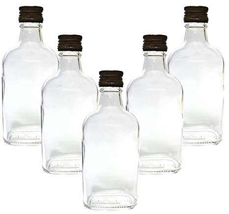 DIAH DO IT AT HOME 10 x Flask Glass Bottles 200 ml (0.2L) & Metal Screw Caps (Twist on Lids) - Home Brewing Gin Oil Vinegar Wine Vodka - DIAH (Brown Screw Caps)