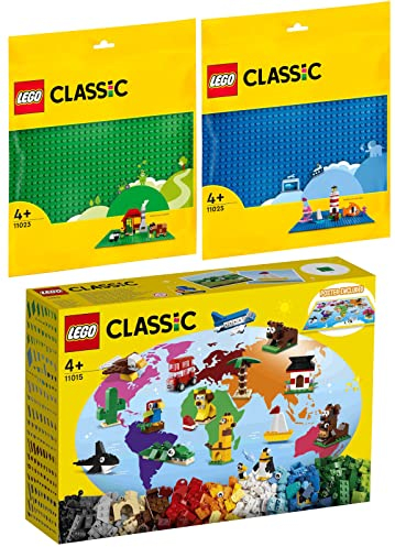 Lego Classic Set of 3: 11015 Once Around the World, 11023 Green Building Plate & 11025 Blue Building Plate