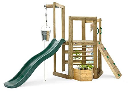 Plum Discovery Treehouse Play centre with slide, planter, rock climbing wall, water bucket pully, easy clean paint screen with paint pens