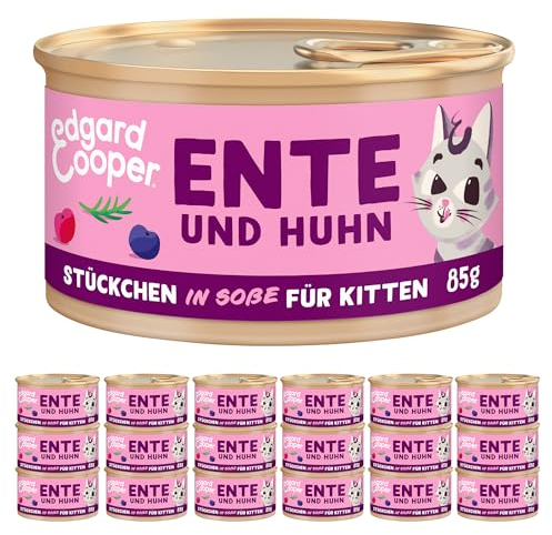 Edgard Cooper Kitten Nassfutter (Ente und Huhn, 18 x 85 g), getreidefrei, ohne Zucker, in Sauce, für sterilisierte und aktive Katzen, mit natürlichen Zutaten