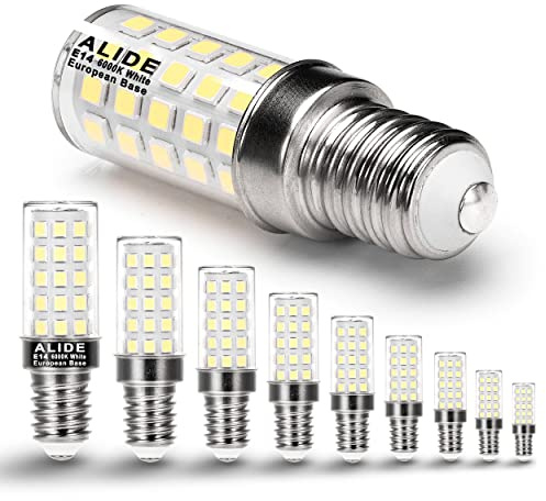 ALIDE E14 LED Bulbs 4W Equal 40 Watt Candelabra Bulbs 0.65*2.28 inch,120V to 220V, 6000K Daylight Bright White E14 European Base Bulb for Chandeliers,Turkish Persian Lamp Pendant,Non-dimmable,10 Pack