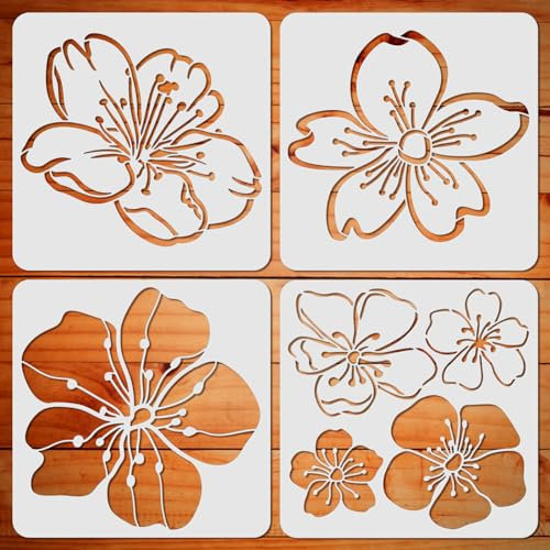 ORIGACH 4 plantillas de flores de cerezo – 30x30 cm plantilla de dibujo grande con patrón de flores para pintar sobre madera, lienzo, pared, manualidades, regalo de arte