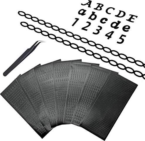 JZK 7 Blatt Kunststoff Schwarz Alphabet Buchstaben Zahlen Aufkleber Kettenaufkleber Mit Pinzette - Groß- und Kleinbuchstaben Dekorative Aufkleber für Scrapbook Basteln Kerzen