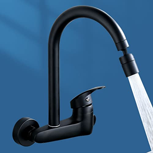 ZYCDP Wasserhahn Küche Wandmontage,Schwarz,Einhebelmischer Messing,Heiße und Kalte Wasserhahn,Küchenarmatur Spültischarmatur Armatur für Ausgussbecken,Wandarmatur für Küche