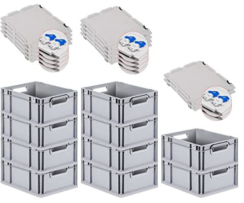 PROREGAL SuperSparSet 10x Eurobox NextGen Grip mit Scharnierdeckel und blauen Schiebeschnappverschlüssen, HxBxT 17x30x40cm, 16 L, Grau, Griffe offen, Eurobehälter, Transportbox