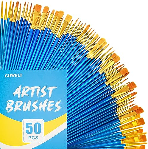 CUWELT 50 Pieces Art Paint Brush Set, Artist Nylon Hair Brushes Set with 10 Different Sizes, Painting Brushes for Watercolor Acrylic Oil Painting Artist Craft