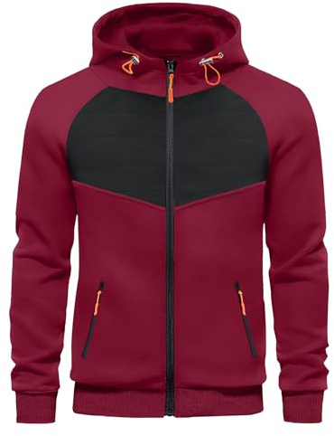 Mens Zipped Hoodies Fleece Hooded Sweatshirt Pullover Hoody Jackets Jumper Tops Casual Zip Up Cardigan Red XL