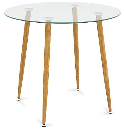 Tangkula Runder Esstisch aus Glas, moderner Freizeittisch mit Tischplatte aus gehärtetem Glas & Metallbeinen, runder Konferenz-Esstisch für 4 Personen, klar & natürlich