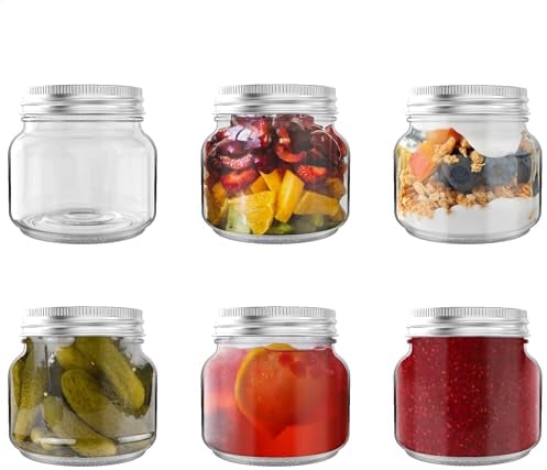 HEFTMAN Tarros de vidrio con tapas, juego de 6 tarros herméticos de 250 ml para avena durante la noche, mermelada casera, tarros de vidrio resistentes con tapas, tarros de conservación para