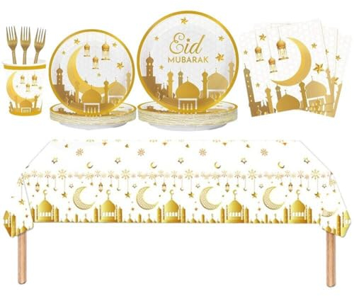 Luxylei Ensemble De Vaisselle Mubarak, Fournitures De Célébration De Fête, 49 Pièces, Ensemble De Vaisselle en Papier, Assiettes, Serviettes, Gobelets en Papier pour Cérémonie De L'aïd, 8 Pièces