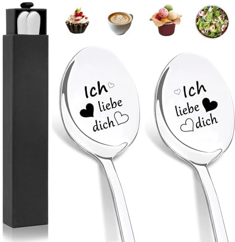 2 Stücke Kaffeelöffel mit Gravur - Ich liebe dich, Jahrestag Geschenk für Ihn und Sie, Edelstahl Hochglanzpoliert Dessertlöffel Mit Geschenkbox