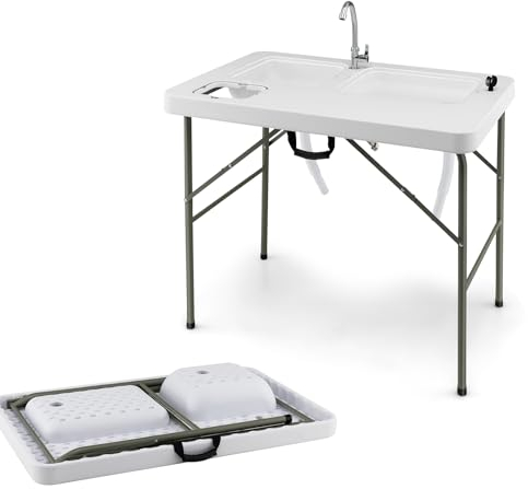 KOMFOTTEU Mesa de Camping Plegable Portátil Con Grifo Giratorio, 2 Fregaderos, Escala de Medición y Cubo de Basura - Para Picnic, Barbacoa, Pesca y Fileteado