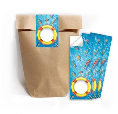 Minkocards 12 Geschenktüten (Natur) + 12 Aufkleber Pool-Party Schwimmbad Geschenktüten für Mitgebsel Mädchen Jungen Gastgeschenk einpacken beim Kindergeburtstag Mädchengeburtstag Jungengeburtstag