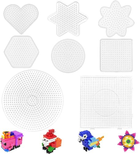 Kisvic Bügelperlen Platten 5mm, 8PCS Transparente Steckplatten Bügelperlen, Bügelperlen Schablonen Set Rund, Stern, Viereck, Herz für Bügelperlen