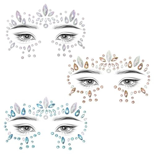 Sugeru 3pcs Glitzersteine Gesicht, Temporäre Tattoos - Selbstklebend, Strasssteine, Festival Glitzer, Face Glitter für Party, Make-up, Karneval (Set A)
