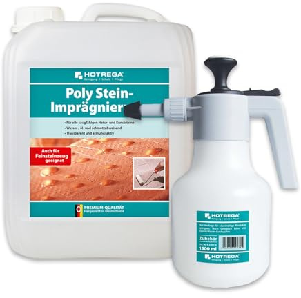 HOTREGA Poly Stein-Imprägnierung 5L | Schutz für Naturstein & Kunststein | Inklusive Drucksprüher | Wasser-, öl- & schmutzabweisend | Atmungsaktiv | Ideal für Feinsteinzeug & saugfähige Oberflächen