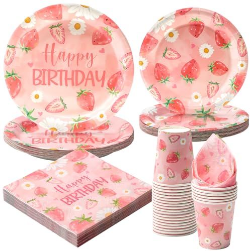 Party Go Juego de vajilla de fiesta de fresa de 96 piezas, platos de papel desechables, servilletas, tazas para decoración de fiesta de fresas, platos para 24 invitados