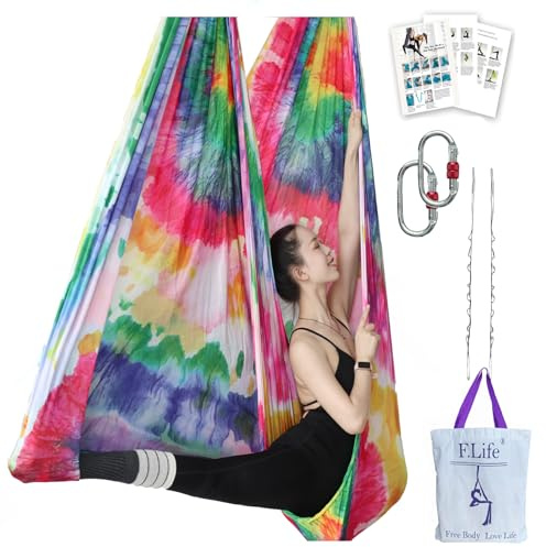 F.Life Aerial Yoga Hammock kit- Yoga Swing Multicolor 5 yards-Flying Yoga Include Daisy Chain,Carabiner and Pose Guide (Tie Dye Spiral Pattern)