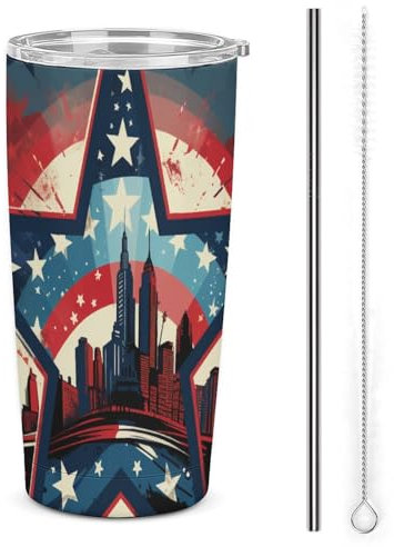 Xiputvl 3D-Druck USA Doppelwandiger Edelstahl Trinkbecher - Auslaufsicher - Mit Strohhalm - Perfekt Für Unterwegs 20oz