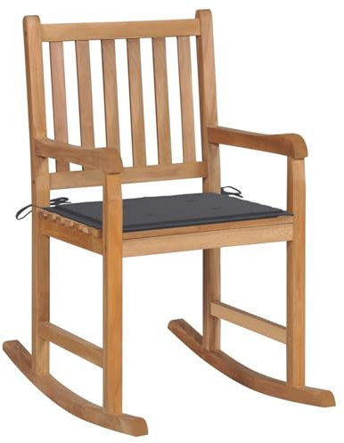 Iiaky Schaukelstuhl mit Anthrazit Kissen Massivholz Teak Lesesessel Bequem Schaukelstuhl Kinder