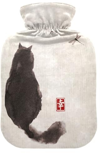 Hot Water Bottle with Cover, Chinese Painting Cat 2L Leakproof Hot Water Bag for Hand Feet Warmer, Neck, Shoulder, Back, Muscle Pain Relief, Cold Compress