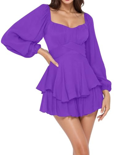 YOSUWOAI Robe à volants pour femme - Robe de carnaval - Épaules dénudées - Couleur unie - Ligne A - Sexy - Sans bretelles - Mini robe à manches longues - Robe de bal courte Y2K, lilas, S
