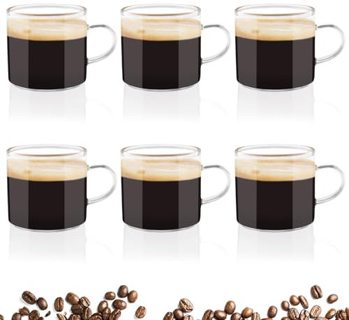 Zosenyer Espressotassen Set,6er Kaffeegläser mit Henkel aus glas, 100ml Mini Tassen für Kaffee, Cappuccino, Espresso, als Latte Macchiato Gläser