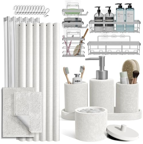 Clara Clark White Bathroom Set - Bathroom Sets with Shower Curtain and Rugs, 26PC Bathroom Accessory Set, Shower Curtain Set with Adhesive Corner Shower Caddy Hanging & Soap Dispenser