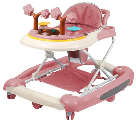 Poussette pour bébé avec fonction balançoire à roulettes, 5 en 1 lumière, musique, centre de jeu Table à manger pour bébé pliable à partir de 6 mois-67 * 72 * 92cm- Rose (A)