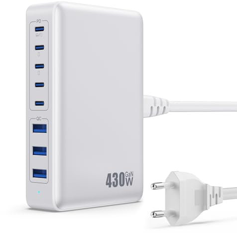 Feob 430W USB C Ladegerät Mehrfach, 8 Ports GAN IV Schnellladegerät PD 100W Ladestation Charger Station PPS USB Hub C Netzteil für Laptop, MacBook, iPad, iPhone 16/15/14 Sumsung usw-Weiß