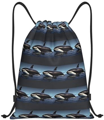 JIPOFD Orca Killer-Wal-Druck, Universal-Rucksack mit Kordelzug, robust, für Schwimm- und Fitnessstudio, Schwarz, Small