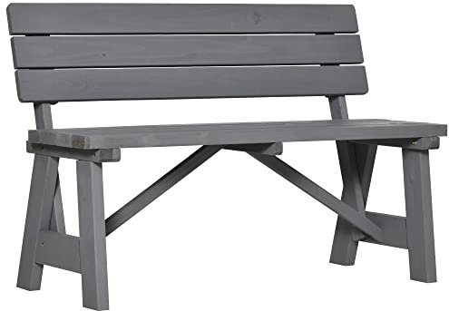 Outsunny 2-Sitzer Gartenbank Holz, wetterfest Sitzbank, UV-Beständig Gartenmöbel mit Rückenlehnen, Parkbank 220kg belastbar, Balkonbank, Holzbank für Balkon Terrasse, Garten, 116 x 56 x 80 cm, Grau