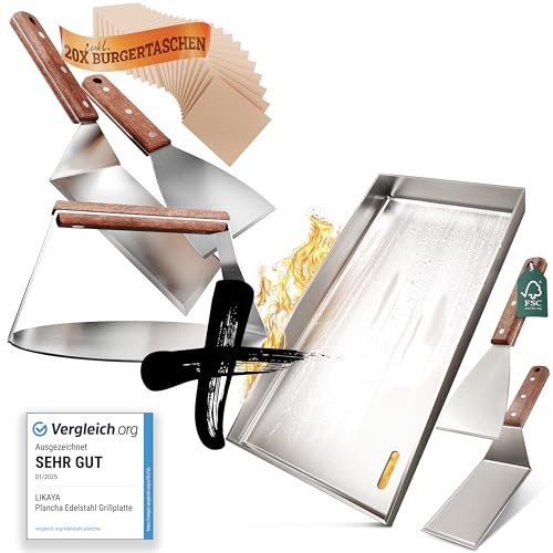 LIKAYA [BUNDLE] Plancha Edelstahl Grillplatte [20x40cm] + Burger-Smasher Set – 4x Grillspachtel & Burger Smasher mit FSC-Akazienholzgriff – Perfekte Smash Burger auf Deinem Grill!