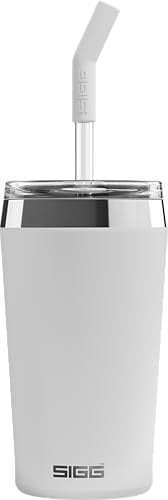 SIGG - Isolierbecher - Travel Mug Helia Peaceful White - Mit wiederverwendbarem Glastrinkhalm & Reinigungsbürste - Auslaufsicher - BPA-frei - 18/8-Edelstahl - White - 0,45L