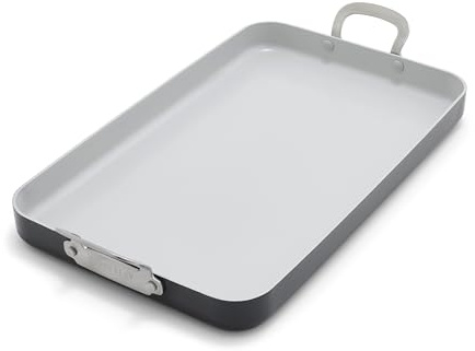 GreenPan x Bobby Flay 18 x 11 Nonstick Double Burner Griddle, PFAS-Free Ceramic Double Stovetop Skillet, Stainless Steel Handles, Dual-Use Cooking, Easy Clean Dishwasher & Oven Safe Pan, Gray