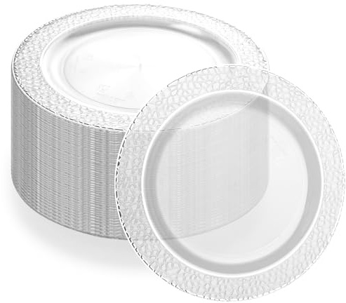 MUXHEL Juego de 40 platos de plástico, 26 cm, reutilizables, platos de plástico reutilizables, platos de fiesta, vajilla de plástico, platos de fiesta con plata para bodas, fiestas
